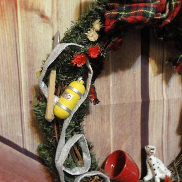 Fire Fighter Hand made Christmas Holiday Wreath~13" round~Detailed. CUTE - Picture 2 of 6